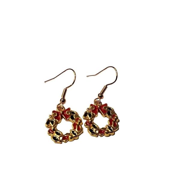 Gold Alloy Christmas Wreath Dangle Earrings - Picture 1 of 2
